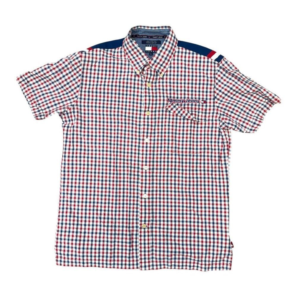 Tommy Jeans Mens Short Sleeve Button-Down Shirt Red & Blue Plaid Size L Vintage
